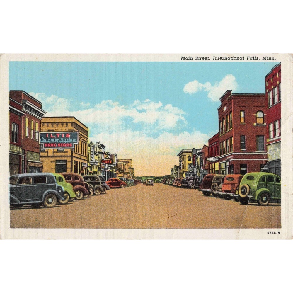 International Falls MN Main Street Linen Postcard Curt Teich 6A58-N - Picture 1 of 2